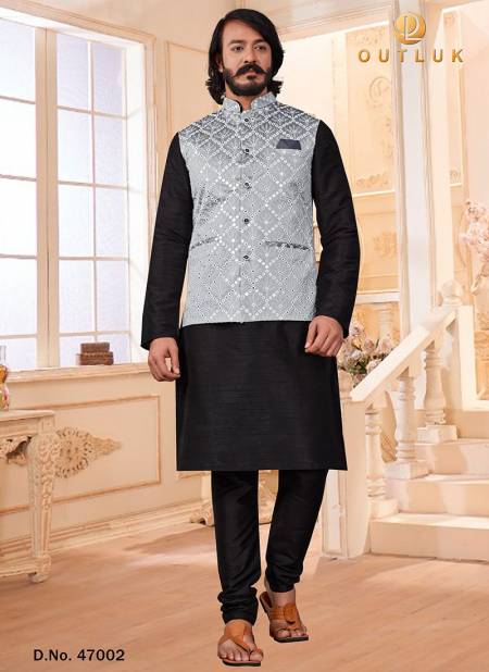 Gray Colour New Exclusive Wear Art Silk Jacquard Print Kurta Pajama With Jacket Mens Collection 47002